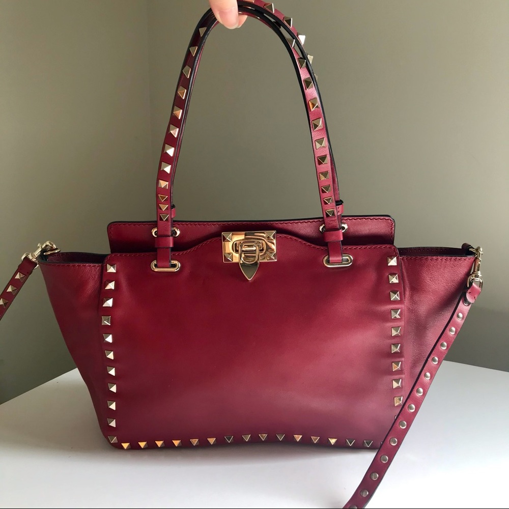 Authentic Valentino red small trapeze rockstud tote handbag